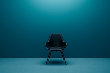 A minimalist black chair sits in the center of an empty room with blue walls, creating a striking contrast that highlights its simplicity and elegance.