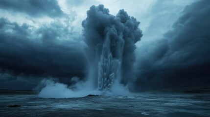 Iceland Strokkur geyser erupting under a dramatic cloudy sky, creating an awe-inspiring scene