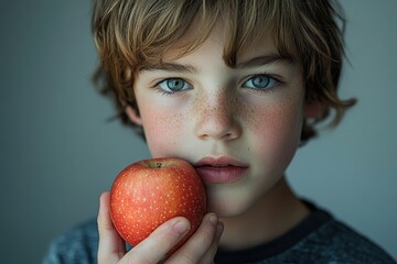 Freckled boy holds a red apple to his cheek, looking directly at the camera. Perfect for themes of health, childhood, or back-to-school.