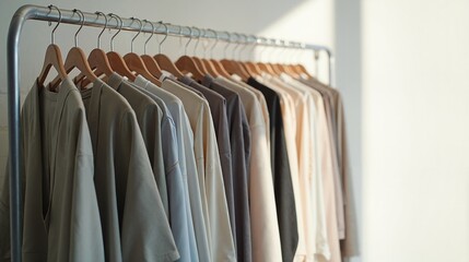 Fototapeta premium Minimalist clothing rack with neutral tones, sustainable fashion
