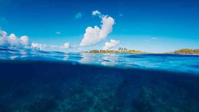 Tropical island in the Maldives, splitted above and underwater view