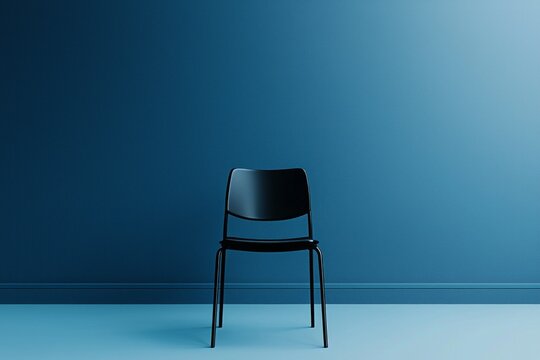 A minimalist black chair sits in the center of an empty room with blue walls, creating a striking contrast that highlights its simplicity and elegance.