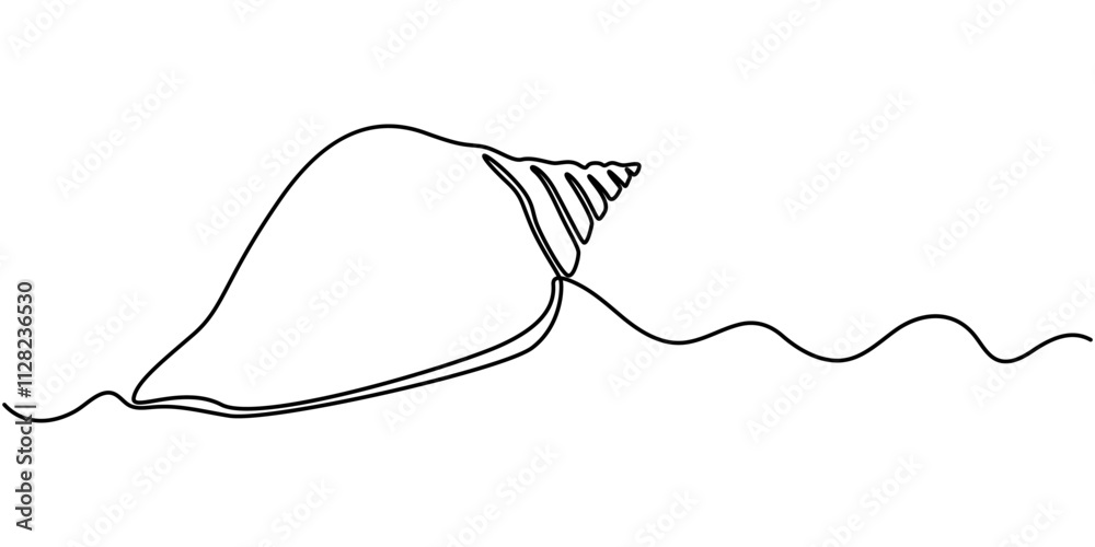 Poster snail conch continuous line vector illustration, Continuous one line drawing of conch snail shell. Seashell symbol and banner of beauty spa and wellness salon in simple linear style. Editable stroke. 