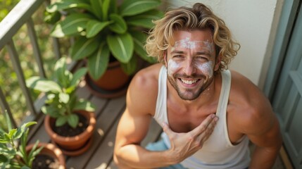 Man smiling with face mask on balcony, self-care routine