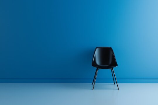 A minimalist black chair sits in the center of an empty room with blue walls, creating a striking contrast that highlights its simplicity and elegance.