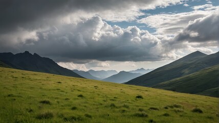Fototapeta premium a grassy field with mountains in the background