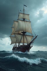 Majestic sailing ship braves stormy seas, adventure on waves