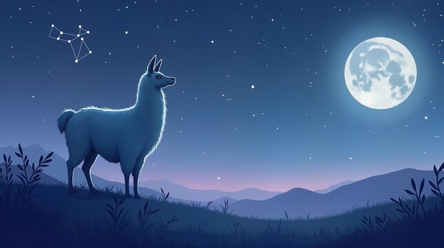 Majestic llama under starry night sky with full moon, tranquility - Powered by Adobe