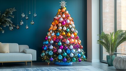 Vibrant, Multicolored Christmas Tree Decorated with Sparkling Ornaments in a Modern Living Room