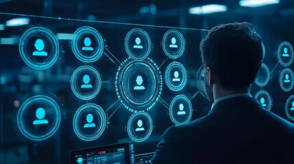 Businessman analyzing complex circular data patterns on computer screen in office setting