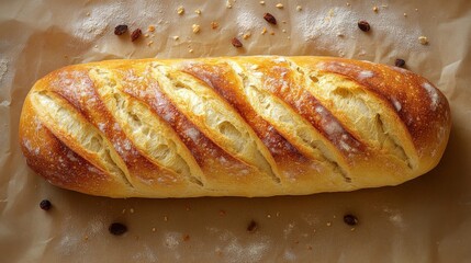A photorealistic baguette of bread on the table on a beige background