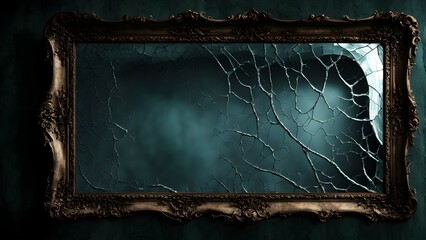 A cracked, ornate mirror reflecting a dark, moody atmosphere.