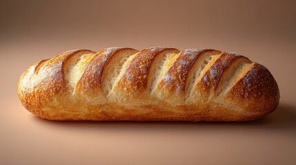 A photorealistic baguette of bread on the table on a beige background