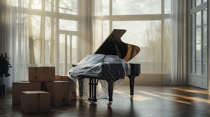 Black Piano Wrapped in Plastic in an Empty Living Room with Large Windows AI generated illustration