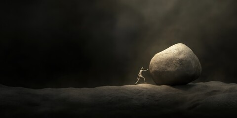 Obraz premium A conceptual image depicting a solitary figure pushing a large boulder, symbolizing the struggle and resilience inherent in the human experience and the pursuit of goals.