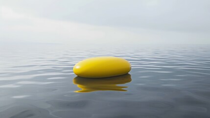 A bright yellow ellipsoid floating above a calm gray surface