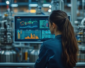 Naklejka premium A person analyzes data on a screen in a modern industrial setting.