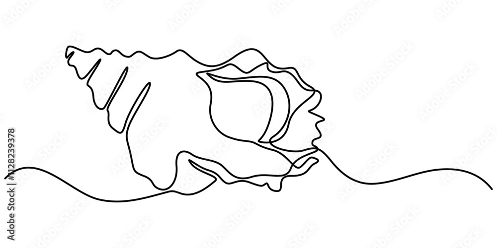 Poster snail conch continuous line vector illustration, Continuous one line drawing of conch snail shell. Seashell symbol and banner of beauty spa and wellness salon in simple linear style. Editable stroke. 