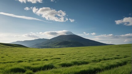 Fototapeta premium a grassy field with a mountain in the background
