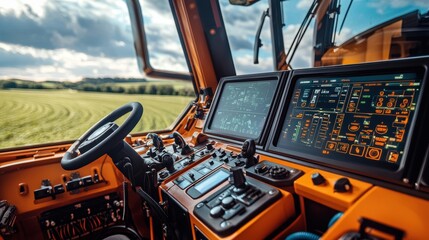 Advanced Tractor Control Panel with Touchscreen Displays Overlooking Field View