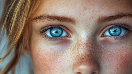 Fototapeta premium Young Girls Face Close Up Showing Blue Eyes and Freckles