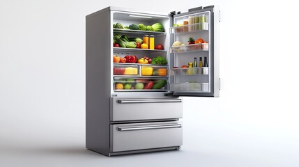 Modern Open Refrigerator Displaying Fruits and Vegetables in a Studio Setting AI generated illustration