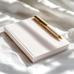 A minimalist notebook with a pen resting on a soft fabric surface, ideal for writing or journaling.