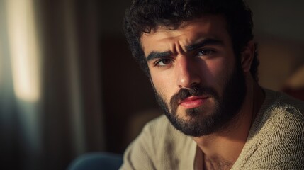 Obraz premium A Young Man with a Beard Poses Pensively