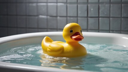 Closeup of a yellow rubber duck in the bathtub with lots of foam
