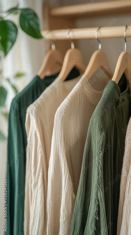 Poster wooden hangers display a collection of soft, textured garments in soothing shades of green and cream