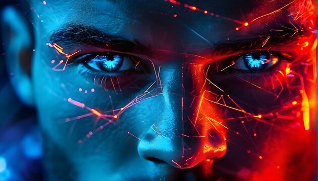 Close up of a focused athlete face with data overlay and neural network nodes around the eyes, representing AI-enhanced vision and performance