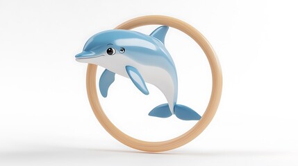 Obraz premium Cute Cartoon Dolphin Jumping Through Wooden Hoop Ocean Animal Fun