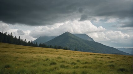 Obraz premium a grassy field with a mountain in the background