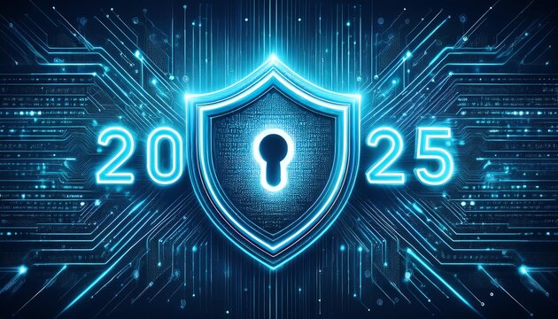 A futuristic shield design with a keyhole, featuring the year "2025" in glowing digits, symbolizing cybersecurity and digital protection.