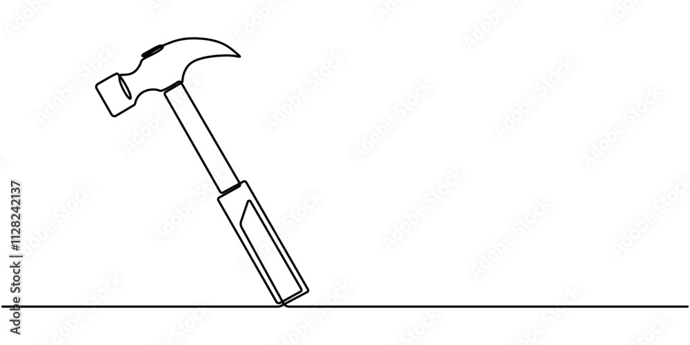 Poster Hammer outline modern illustration. Editable strokes. Continuous one line drawing of hammer, carpenter tool, one line drawing of isolated vector object hammer Hammer construction Continuous single one