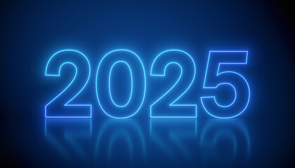 Illustration of abstract neon lights with the numbers 2025 in blue over dark background on a reflective floor - represents the new year - vacation concept.