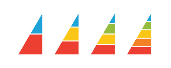 Levels of triangular pyramid. Half triangle pyramid chart. Maslow layer diagram. Development level infographic. Business graph. Vector illustration isolated on white background.