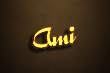 Yellow Neon Light Text Effect of Japanese name Ami on Golden background.