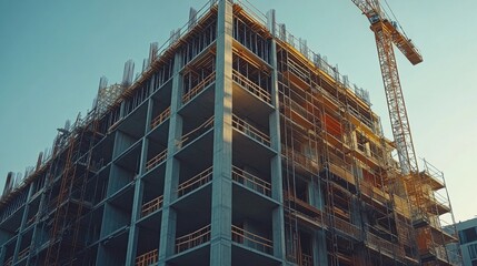 Building under construction with cranes and clear sky