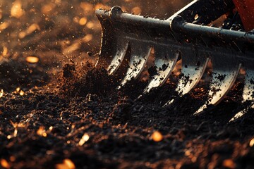 Powerful Tiller Machine in Action: Close-Up of Blades Churning Rich Soil for Planting