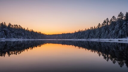Fototapeta premium a lake with trees and snow on the ground