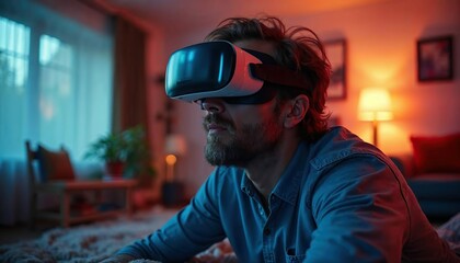 Immersed in a Digital World: A man wearing a VR headset, lost in a virtual reality experience, reflecting the growing popularity of immersive technology. 
