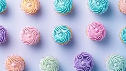 Delightful assorted mini cupcakes featuring beautiful pastel frosting gradients in a charming display.