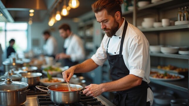 Focused chef cooking in busy restaurant kitchen, culinary expertise