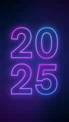 Vertical illustration of abstract neon lights with the numbers 2025 in blue and magenta over dark background - represents the new year - vacation concept.