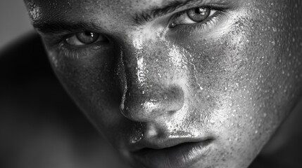 Naklejka premium A Sweaty Young Mans Face Close Up Portrait