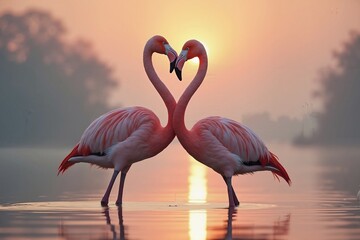 Fototapeta premium Flamingos form heart shape at sunset, love and harmony
