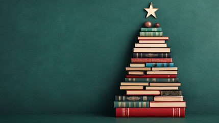 Book Christmas Tree: A unique and creative Christmas tree made entirely of stacked books against a deep green background. Perfect for book lovers, libraries.