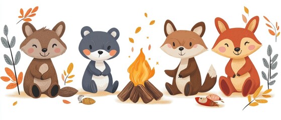 Obraz premium A cozy campfire scene featuring four cute woodland animals gathering around the flames.