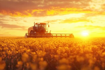 Obraz premium Farming Harvest at Sunset in Canola Field with Vibrant Yellow Flowers
